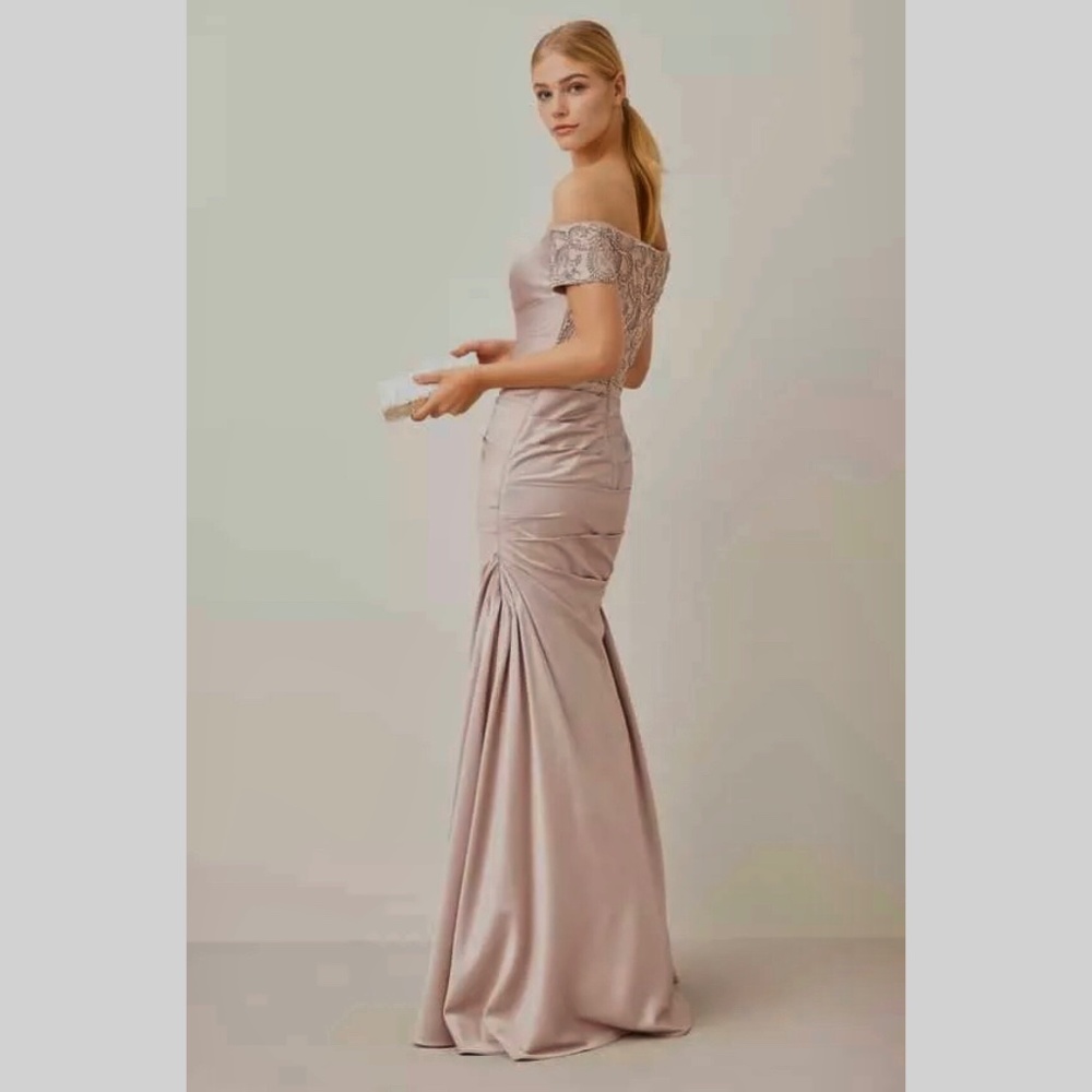 NWOT La Femme 25996 Off the Shoulder Beaded Satin Trumpet Gown, Size 2 - Picture 9 of 10